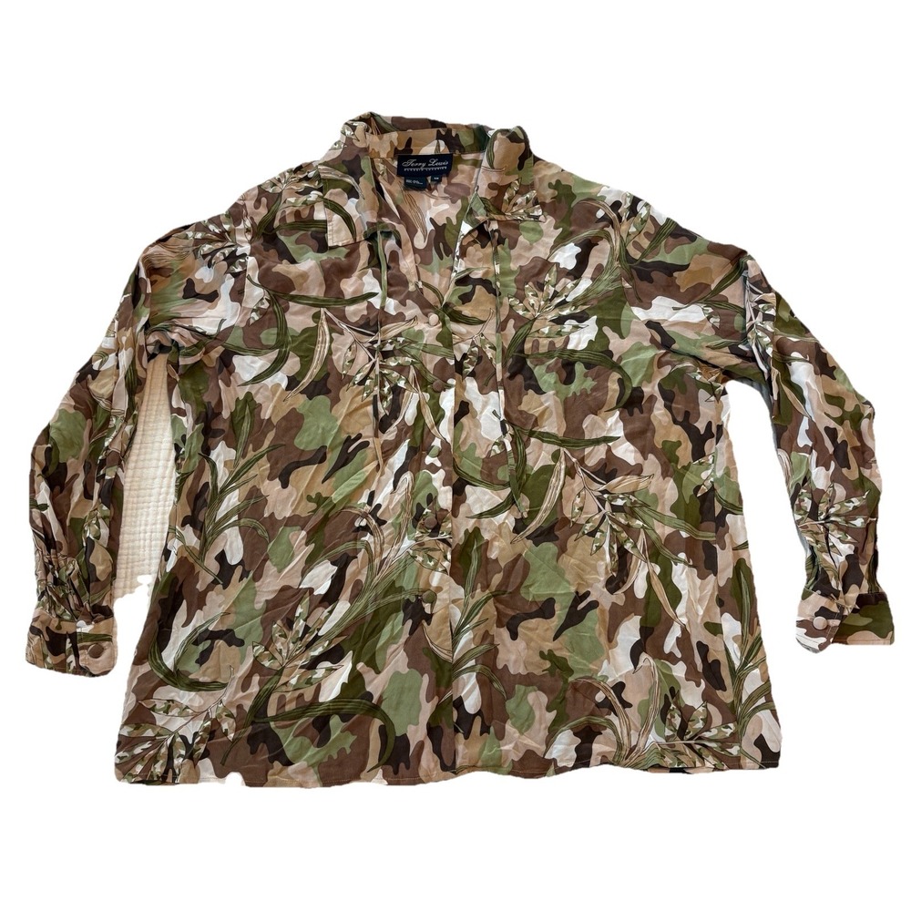 Terry Lewis 100% Silk Blouse Womens Size 1X Career Camo Tie Front Button Up Top